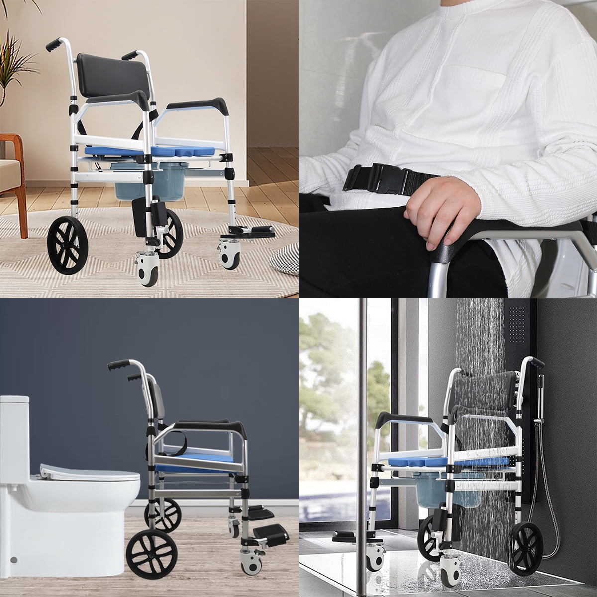 Shower Chair with Wheels, Foldable Height Adjustable Rolling Shower Chair, Sturdy Shower Wheelchair for Seniors with Large Commode, 220lbs Capacity