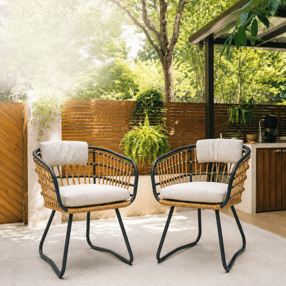 Outdoor Wicker Dining Chairs Set of 2, Patio Dining Chairs with Cushions, Rattan Dining Armchairs for Lawn, Garden, Poolside, Backyard, Porch, Beige