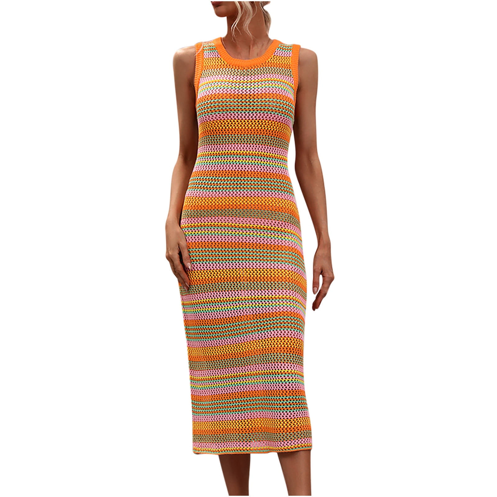 Crochet Dresses for Women Sexy Hollow Out Knitted Beach Bikini Cover Ups Sleeveless Crew Neck Trendy Stripe Printed Slim Fit Cover-Up Tank Midi Dress