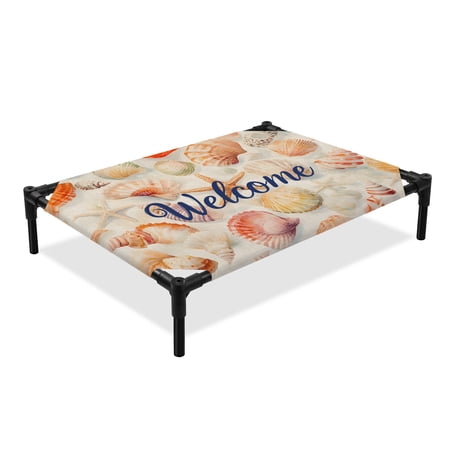 Welcome Sea Shell Elevated Dog Bed Ocean Starfish Summer Vintage Cooling Breathable Outdoor Raised Dog Cot Bed with Metal Frame Non-Slip Feet for Medium Dog 24x20in