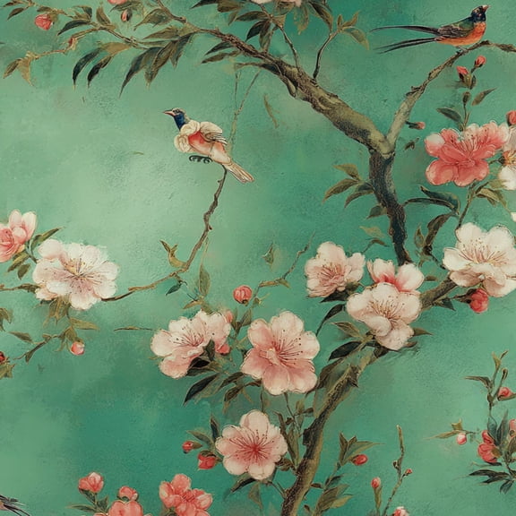 Boho Peel and Stick Wallpaper Cherry Blossom Branches Birds Teal Vintage Asian Wall Mural 23.6in x 9.8ft Self Adhesive Removable Wall Paper Renter Friendly Wallpaper for Bedroom Kitchen Farm