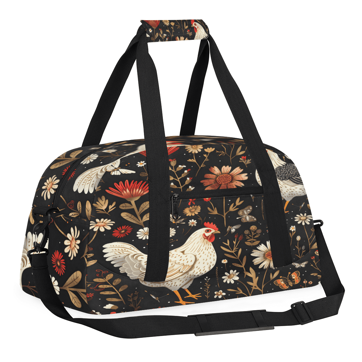Herdesigns Sports Duffle Bags Travel Duffle Bag Gym Bag Farmhouse Floral Chicken Weekender Travel Bag Waterproof Overnight Bag Carry On Travel Tote Bag Dance Bags