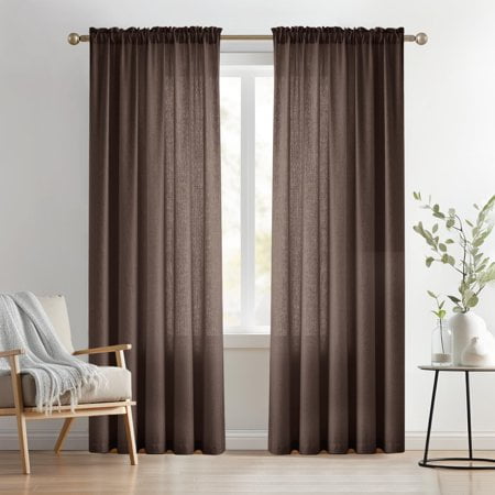 Melodieux Brown Semi Sheer Curtains 84 Inches Long For Living Room Bedroom Farmhouse Linen Look Shiny Sheer Curtain Drapes Rod Pocket Light Filtering Home Office 52"" W X 84"" L 2 Panels
