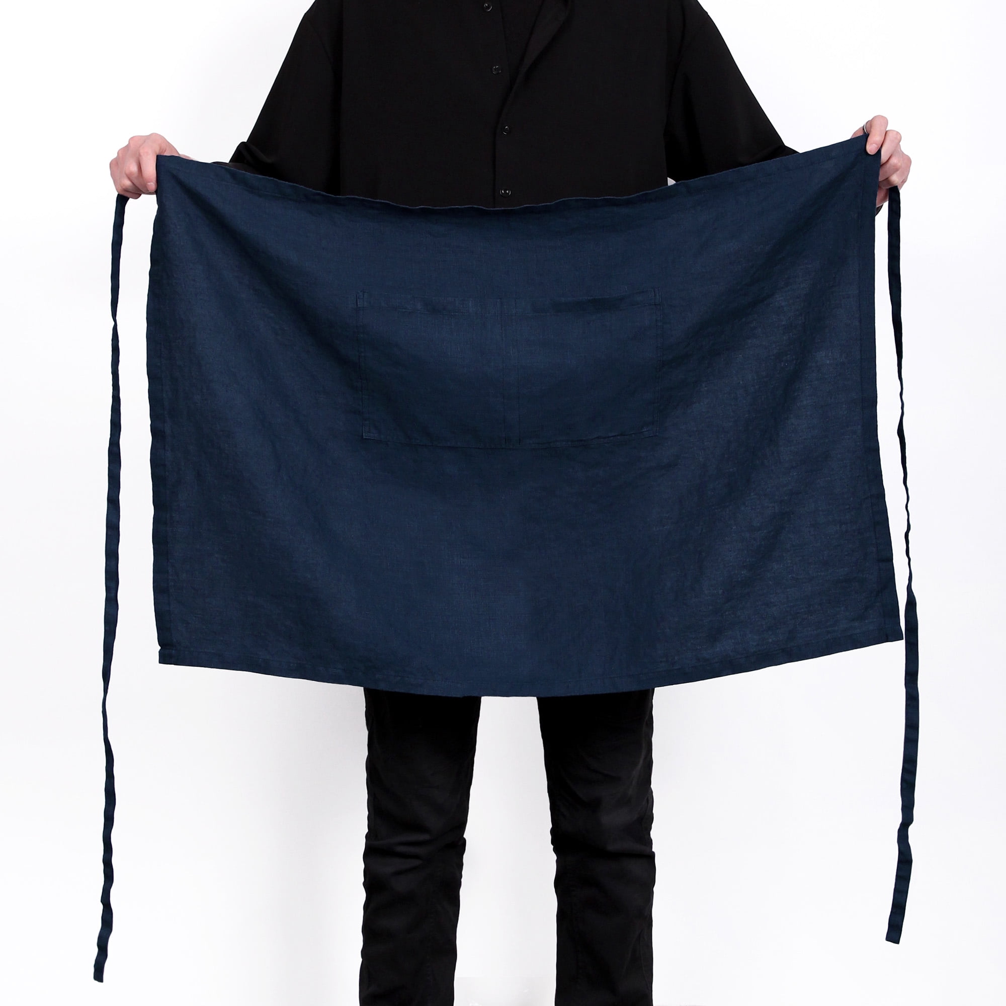 100% Linen Bistro Apron with Pockets 25x35 inch - Unisex Half Apron - Navy