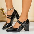thumbnail image 2 of FRSASU Women's Glossy Bowtie Shoes Dating Pointed Toe Adjustable Strap Buckle Fashion Dress Chunky High Heel Pumps Shoes Black, 2 of 9