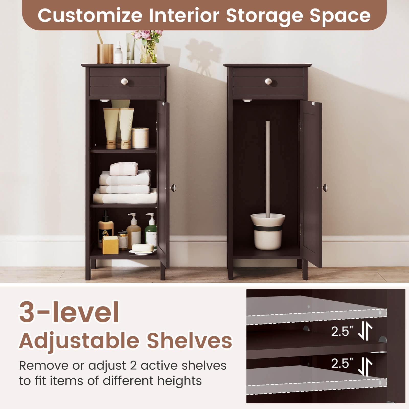 Costway Bathroom Storage Floor Cabinet Organizer Free-Standing w/ Drawer Brown