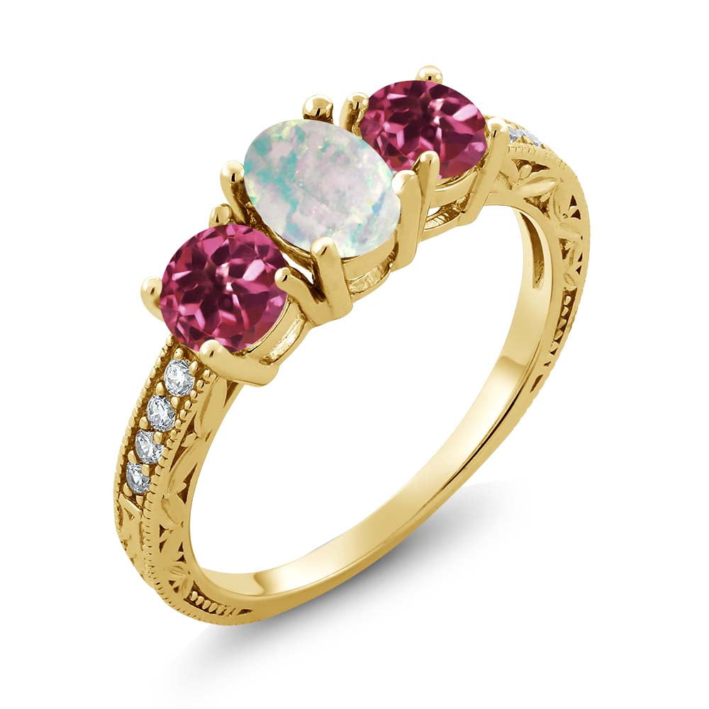 1.75 Ct Oval White Simulated Opal Pink Tourmaline AA 14K Yellow Gold Ring by
