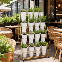 Flower Display Stand with 16 Buckets, Flower Cart 4 Layers White Metal Flower Bar Stand with Wheels, Moving Florist Bouquet Shelf for Weddings Florist Indoor Outdoor Patio Garden Living Room Decor
