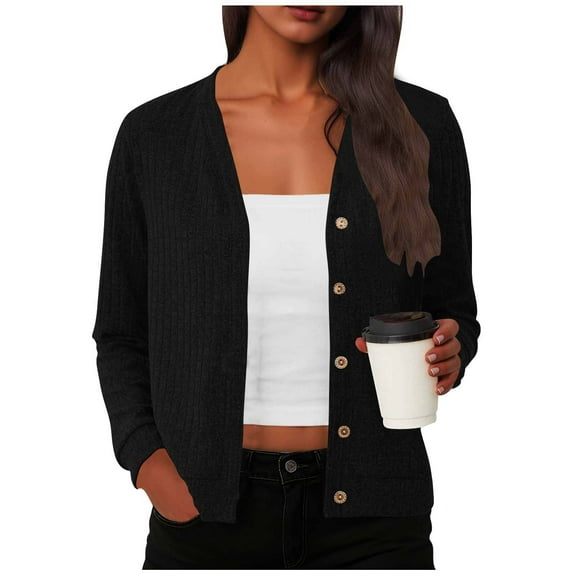 Ailaofu Women's Long Sleeve Open Front Cardigan Button Down Ribbed Lightweight Knit Outerwear