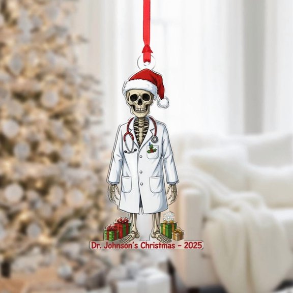 TiniDecor Skeleton Doctor Ornament 2025, Funny Holiday Decor, Acrylic, White Coat, Christmas Gift