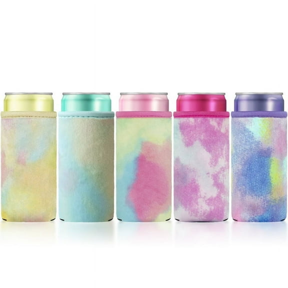 BAGnoREGio 5-Pack Tie Dye Faux Fur Neoprene Slim Can Cooler Sleeves, Plush Velvet 12oz Skinny Cans Beverage Insulated Coolers (Rainbow Multi color)