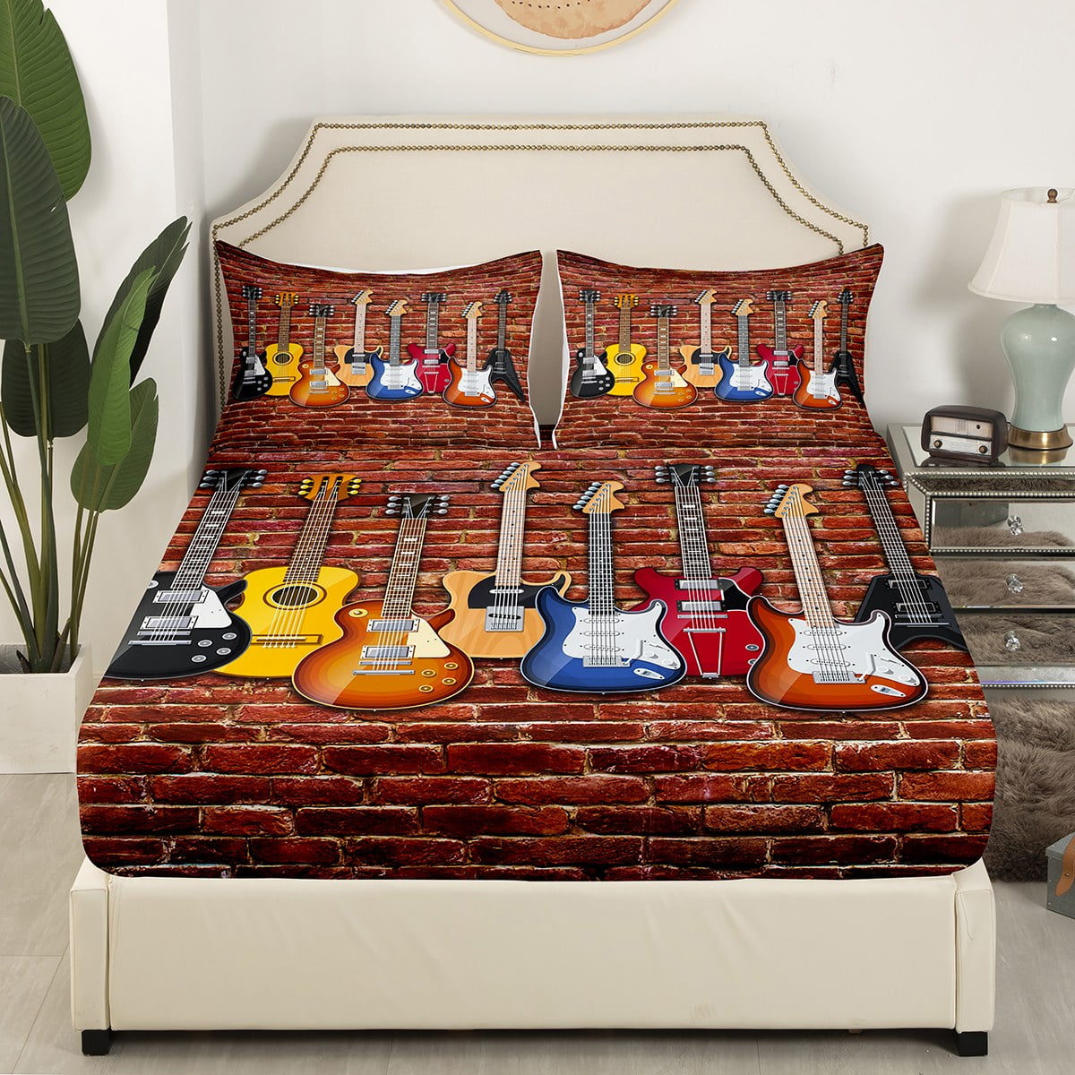 YST 3D Guitar Sheets Music Themed Bed Sheets Boys Girls Teens Rock Music Decor Queen Sheet Set Electric Guitar Fitted Sheet Vintage Wall Brick Flat