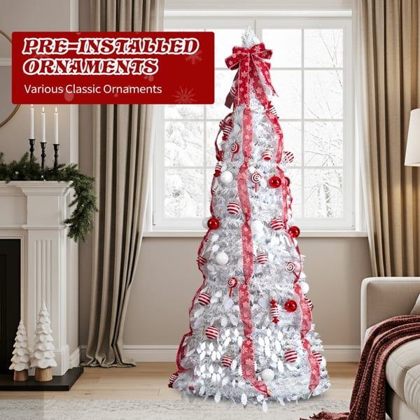 Alvantor 7 ft White Fully Decorated Pre-Lit Pop-Up Artificial Christmas Tree, 170 Warm White LEDs, 8 Modes, Red and White Ornaments