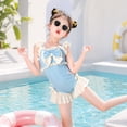thumbnail image 5 of VNKIDY Girls Kids Square Neck Ruffle Trim Bow Decor Solid Color One Piece Swimsuit Crisscross Side Ruffle Hem Cute Beach Bathing Suit For Child Leisure Swimwear 3-4 Years, 5 of 8