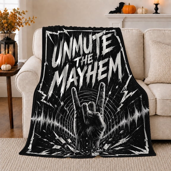 Unmute the Mayhem Quote with Rock Hand, Energetic Music Style for Rock Fans, Sound Wave Graphic and Birthday Gift, Cozy Flannel Blanket for Music Room and Garage, Home Decor