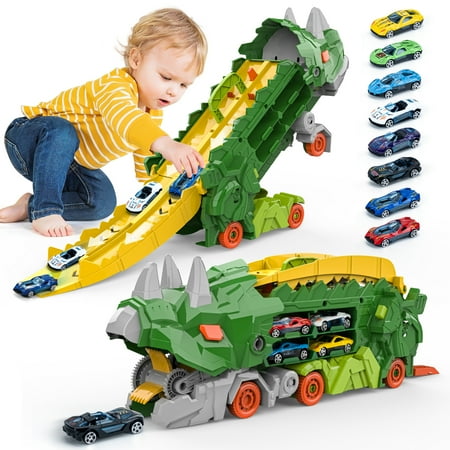 Toddler Dinosaur Truck Toy for 2 Year Old Boy, Toys Cars Set with Race Track Ultimate Transporter Hauler Dinosaur Transporter Truck with 8 Die-Cast Car Toys Gifts for Kids Ages 2 3 4 5 6 Years Old