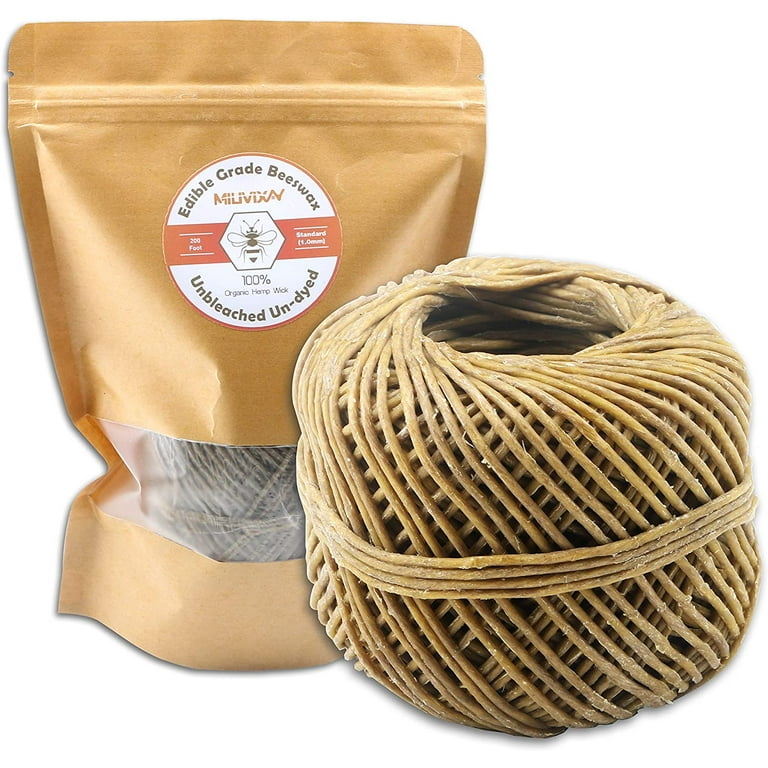 MILIVIXAY 100% Organic Hemp Candle Wick with Natural Beeswax Coating, 200 ft Spool, Standard Size (1.0mm)+ Wick Sustainer Tabs (200PCS).