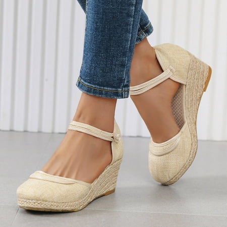 

LBS Women Ripple Linen Sandals Platform Wedge Sandals Fashion Versatile Braided Buckle Breathable Wedge Sandals