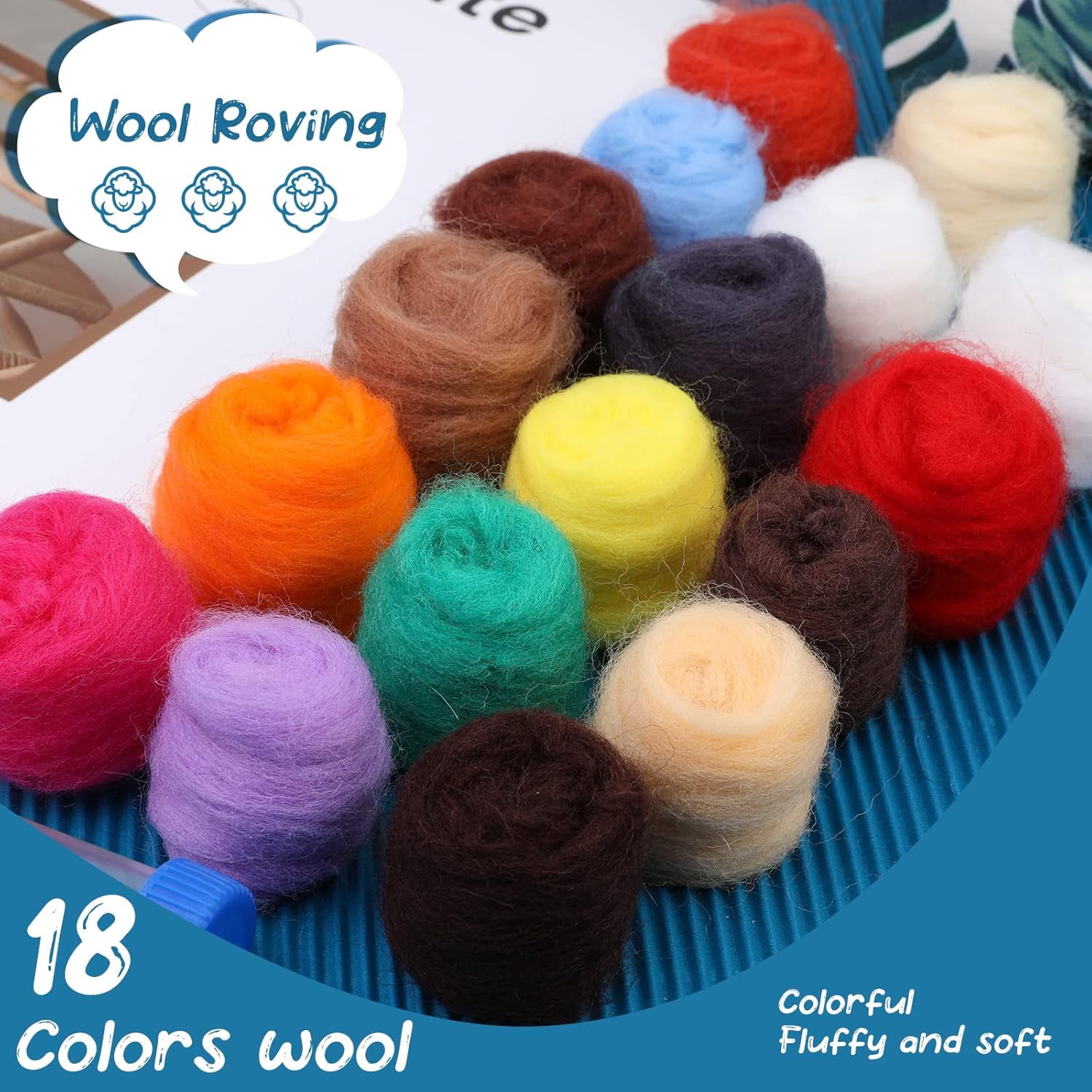 Needle Felting Starter Kit with Green Storage Bag, Wool Roving 18 Colors Set, Needle Felting Tools for Felted Animal, Wool Felt Supplies