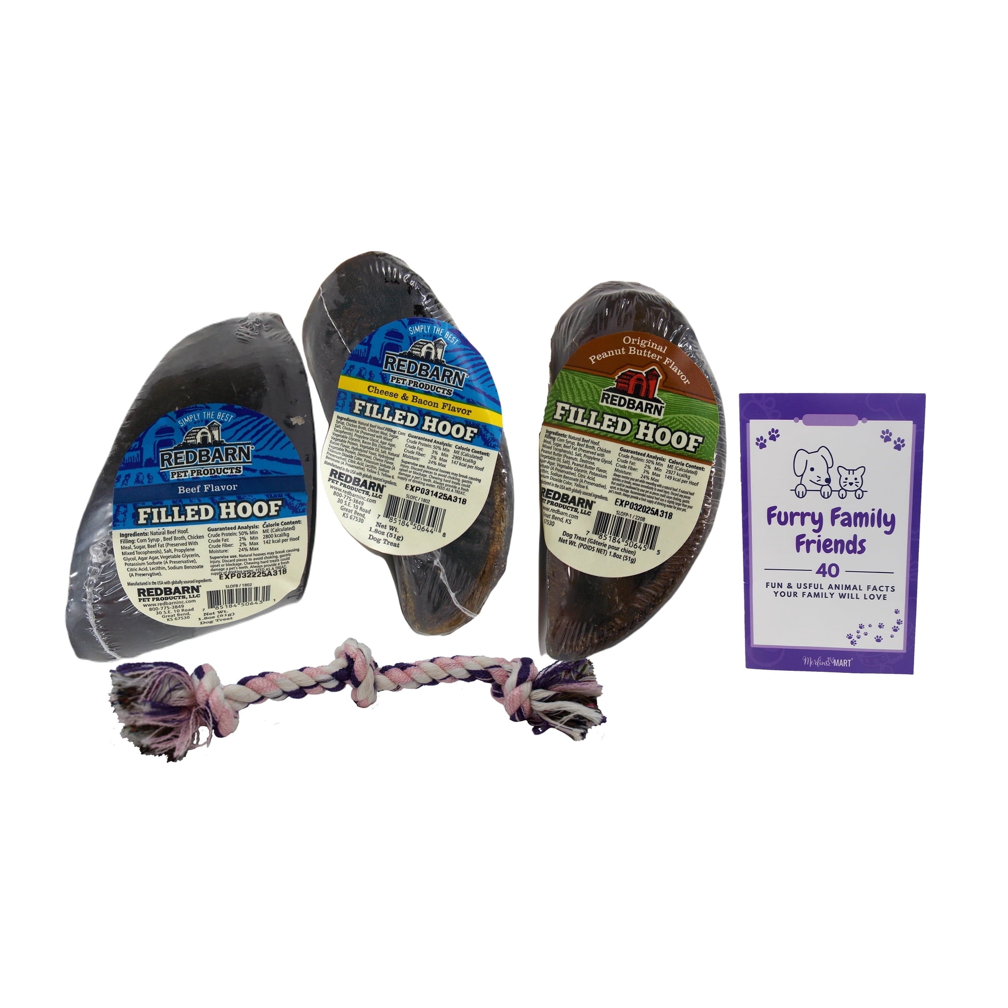 Redbarn Filled Hooves 3 Flavor Variety assortment, (1) Each: Peanut Butter Flavor, Cheese & Bacon Flavor, Beefy Flavor | MerlinsMart Zine + Rope Toy