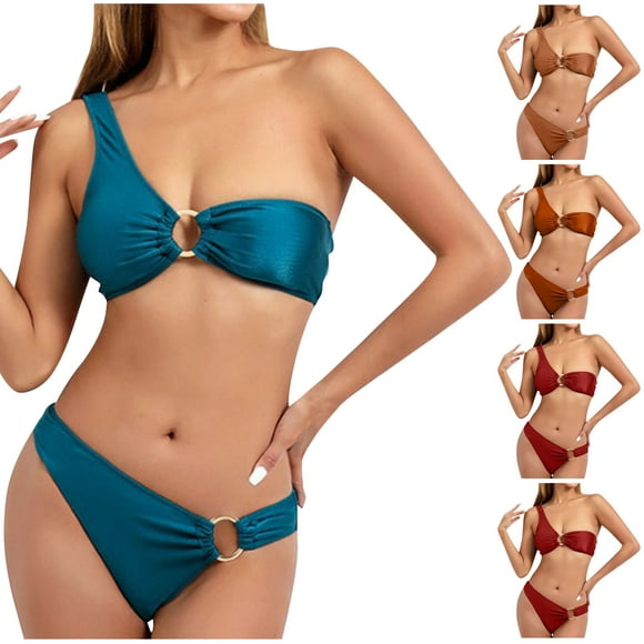 JURANMO Triangle Bathing Suit for Women 2025 Summer Beach Breathable Cheeky Two Piece Sets Solid One Shoulder Bikini Swimwear Vacation Outfits Red M