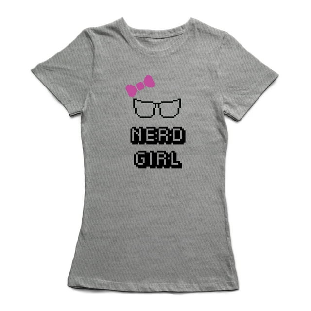 T-shirt Gris de Sport pour Femmes Pixel Nerd Girl Glasses Pink Ribbon
