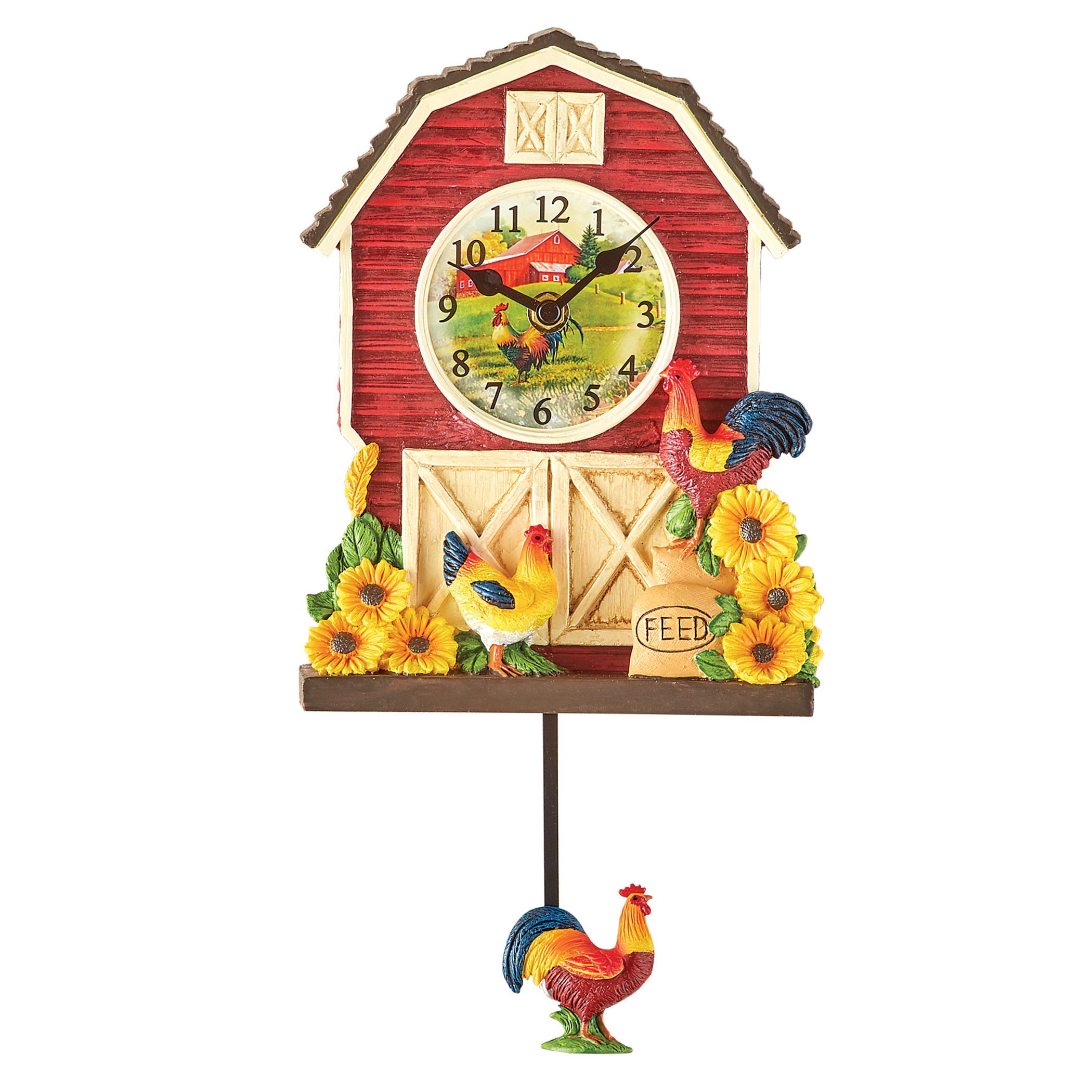French Country Rooster Classic Red Barn Pendulum Clock Analog Wall