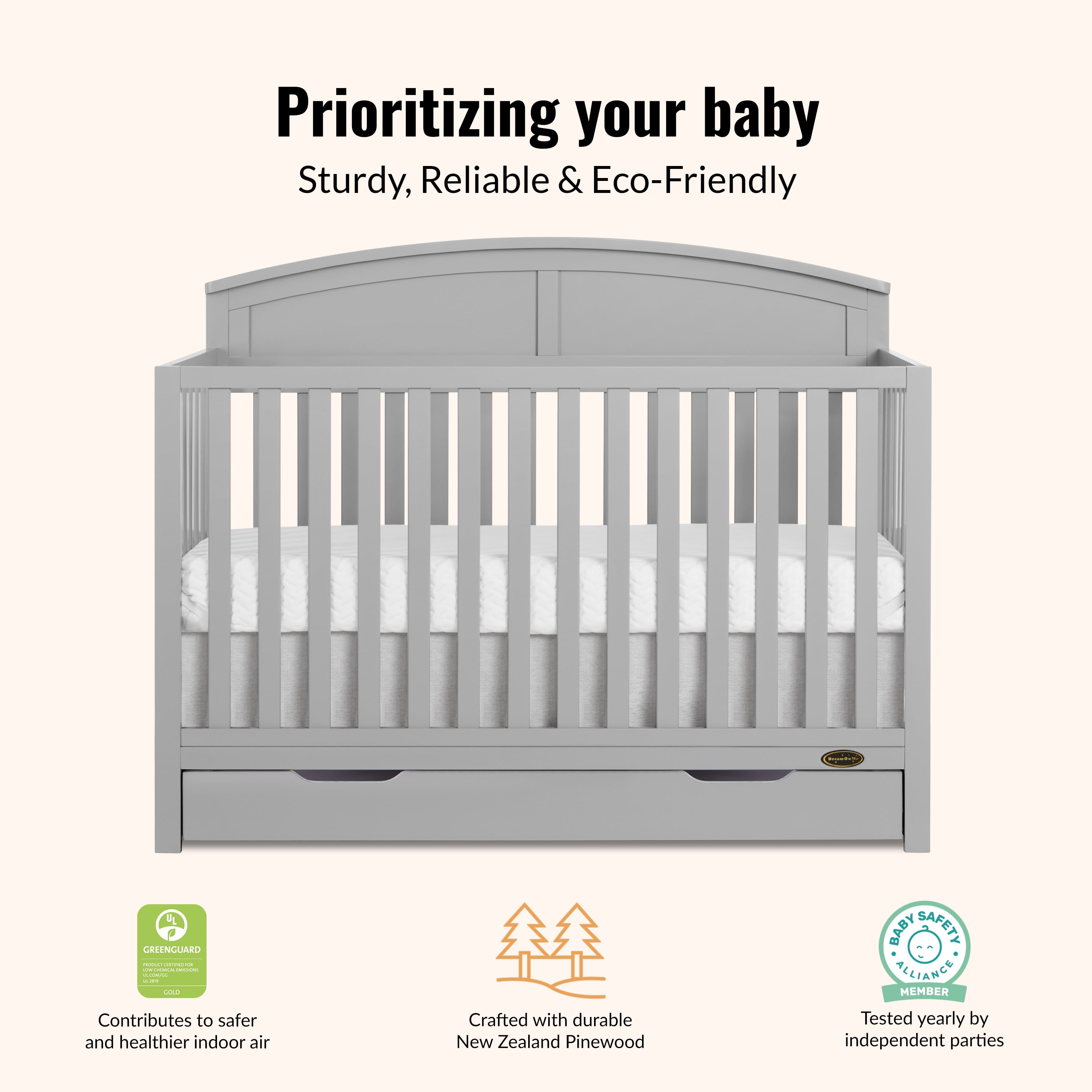Dream On Me Storybrooke 5 in 1 Convertible Crib with Under Drawer, Pebble Gray