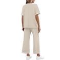 thumbnail image 4 of GIPQJK Women's 2 Piece Outfits Set Short Sleeve Crew Neck Casual Pullover Top Drawstring Striped Baggy Pants Travel Solid Color Pajama Set,Beige S, 4 of 6