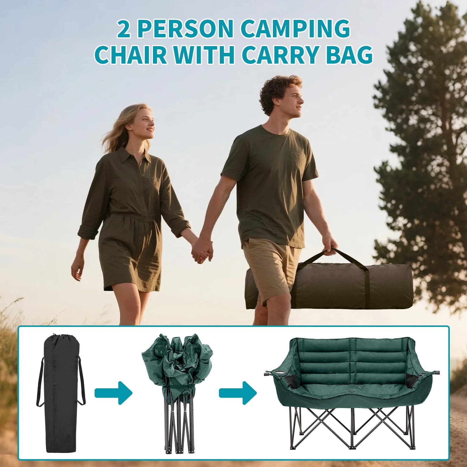 Slsy XXXL Oversized 2 Person Fully Padded Camping Chair, Folding Loveseat Camping Couch Double Camping Chairs Heavy Duty Portable Lawn Chair Patio Chair, Supports 990 LBS