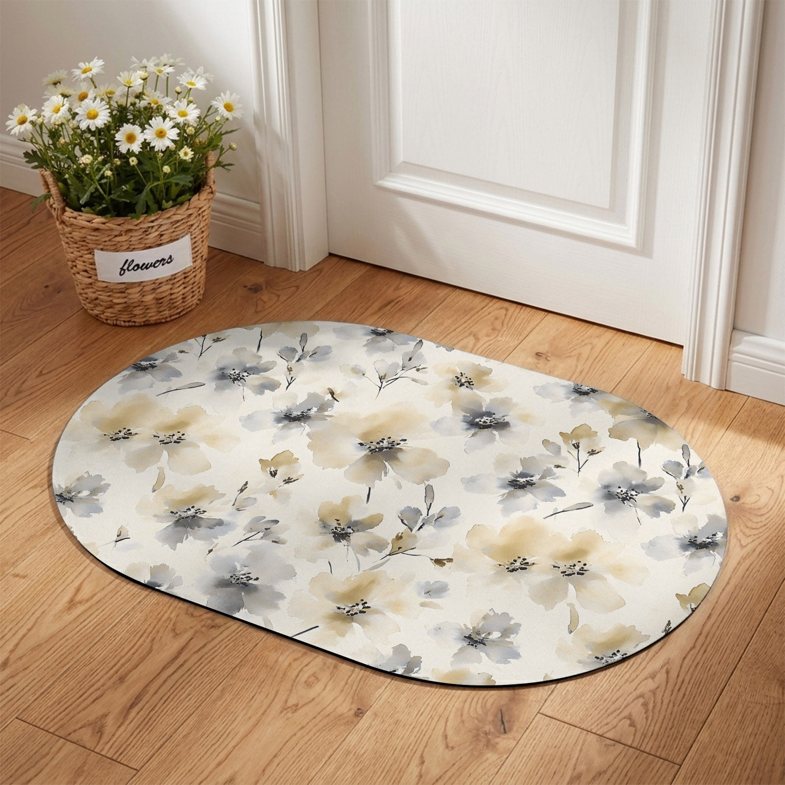 Front Door Mat Outside Entrance 18 x30 Beige Grey Spring Floral Absorbent Doormat Indoor Entrance with Non-Slip Backing Rubber Low-Profile Welcome Mat for Entryway Watercolor Summer Botanical