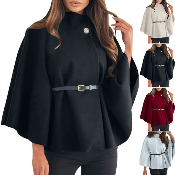 Olyvenn Winter Coats for Women Elegant Stand Collar Wool Blend Batwing Poncho Cape Jacket Outerwear with Belt Beige M