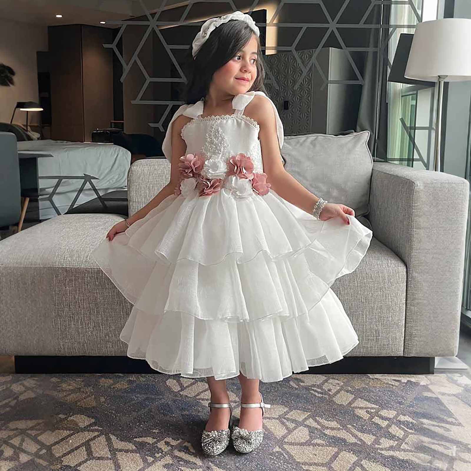 Wdgfv Girls Summer Dress Casual Tiered 3D Floral Applique Party Gown for Toddler Kids Outdoor Play and White 4-5 Years
