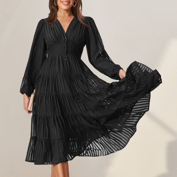 Vestido de manga larga con cuello en V Vestido de mujer con volantes y capas Traje de vacaciones informal