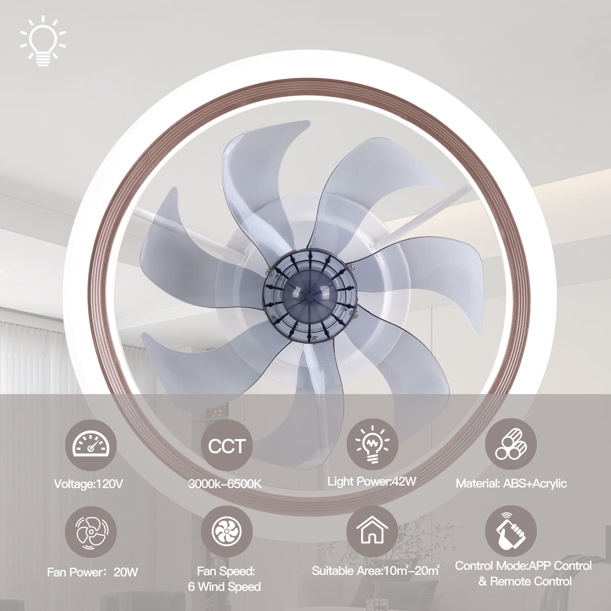 LISUNAR Ceiling Fans with Lights,20" Low Profile Ceiling Fan with Light,Dimmable LED Ceiling Fan,Modern Flush Mount Fan Light,App & Remote Control,Bladeless Ceiling Fans for Bedroom,Living Room-Brown