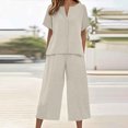 thumbnail image 3 of TAGOLD Womens Short Sleeve Turndown collar Set Summer Linen Button Top Long Pants Pocket Loose Casual Daily 2 Piece Outfit, 3 of 5