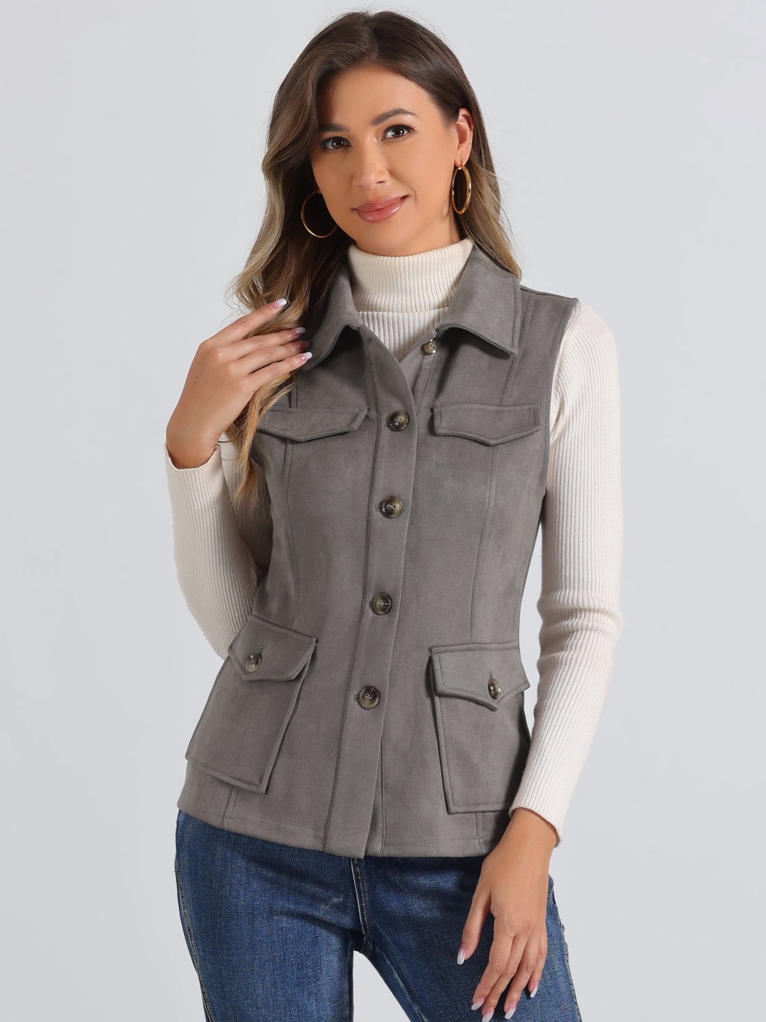 DARING DIVA Women's Rustic Button Up Utility Anorak Cargo Vest S Dark Grey