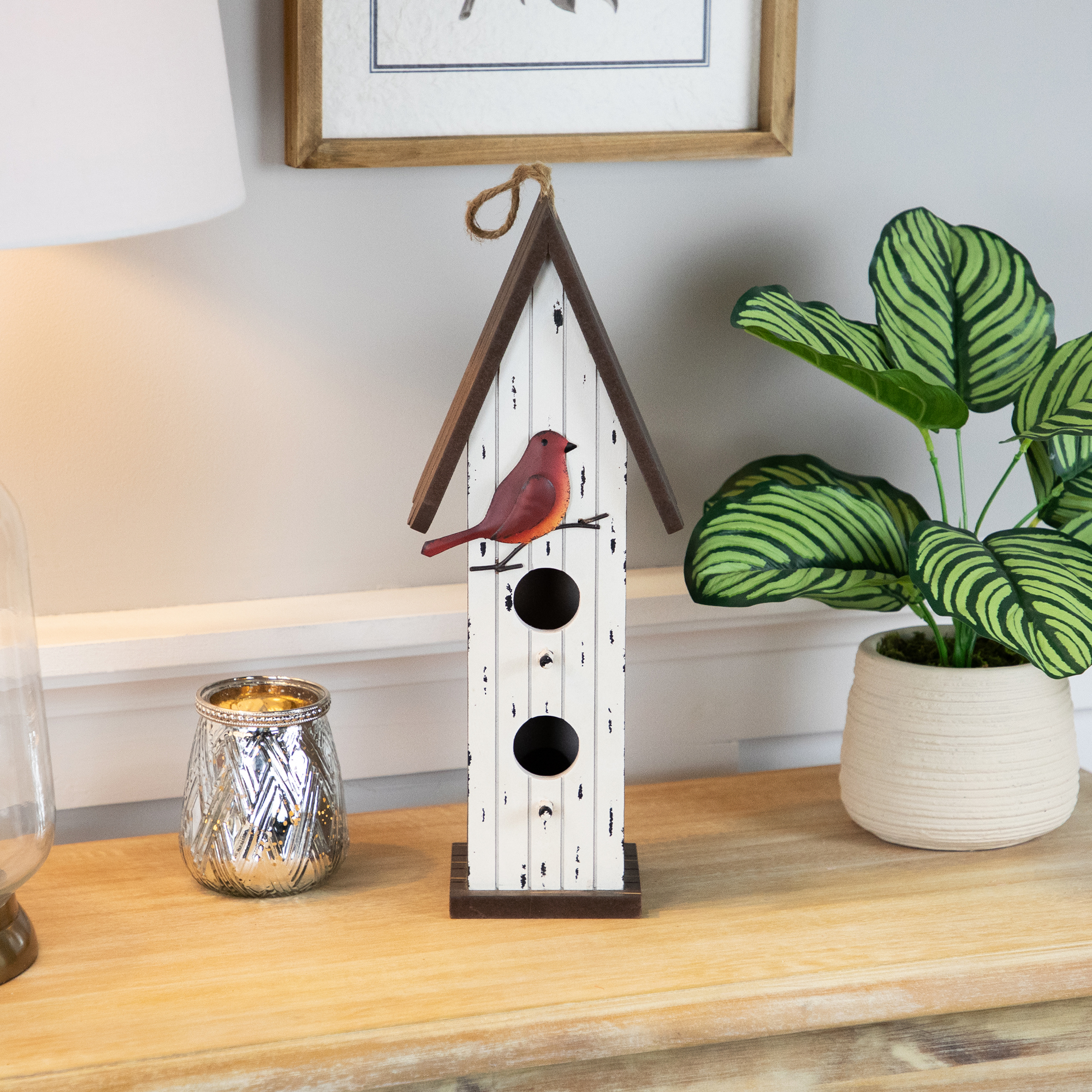 Northlight Wooden Birdhouse with Metal Bird Wall Decoration - 14.5" - Antique White