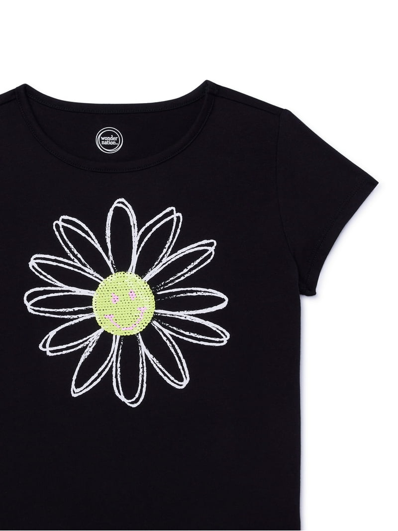 Wonder Nation Girls Short Sleeve Embellished Graphic Tee, Sizes 4