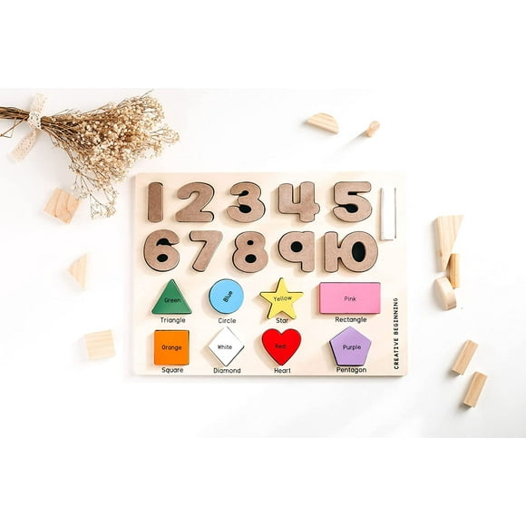 Creative Beginning Casse-Tête en Bois Préscolaire pour Enfants de 3 à 5 Ans avec Traceurs et Base Tableau Noir, Apprentissage ABC, Jeu Éducatif d'Appariement de Chiffres, Formes et Couleurs
