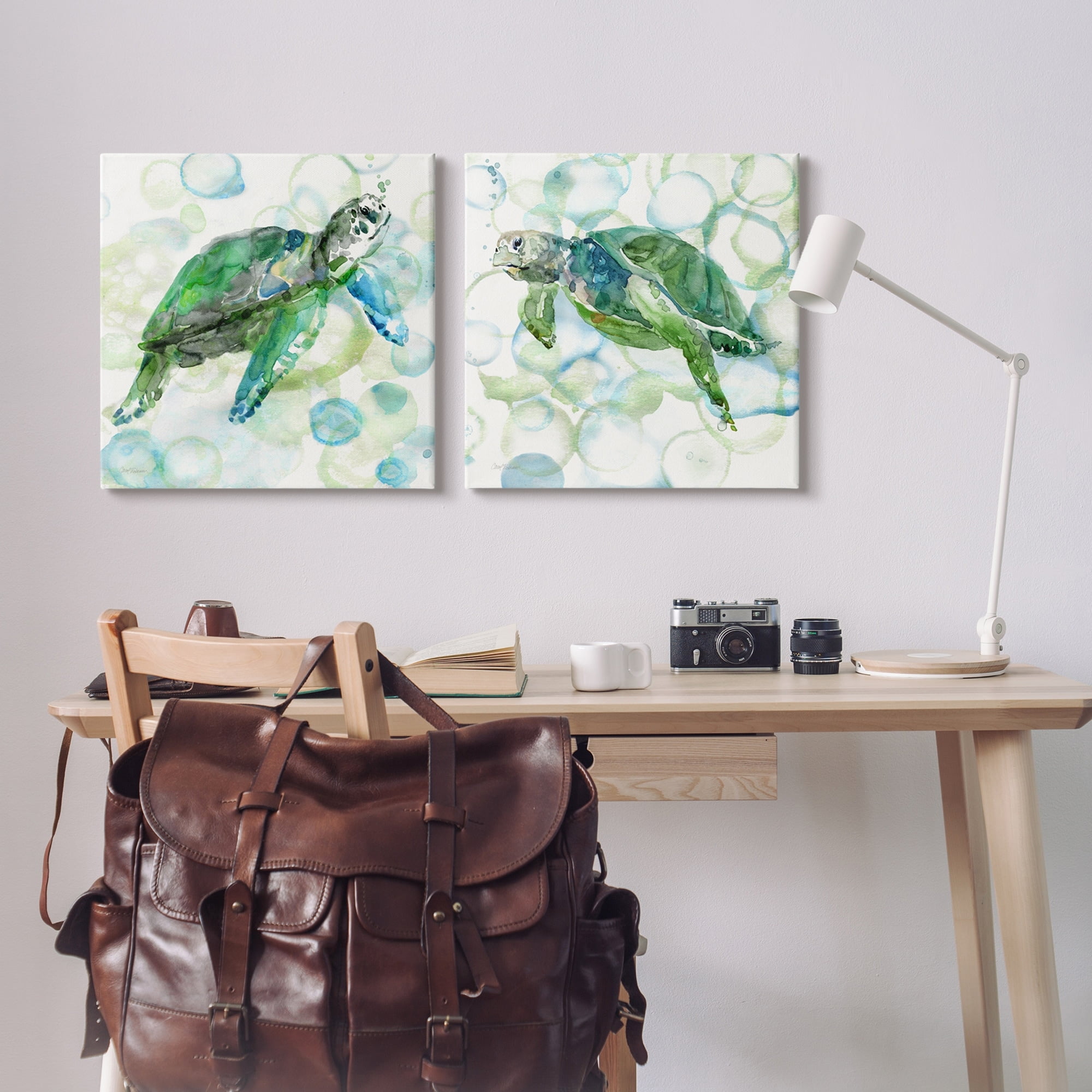 Stupell Industries Swimming Sea Turtle Floating Underwater Beach Bubbles Painting Gallery Wrapped Canvas Print Wall Art, Set of 2, Design by Carol Robinson