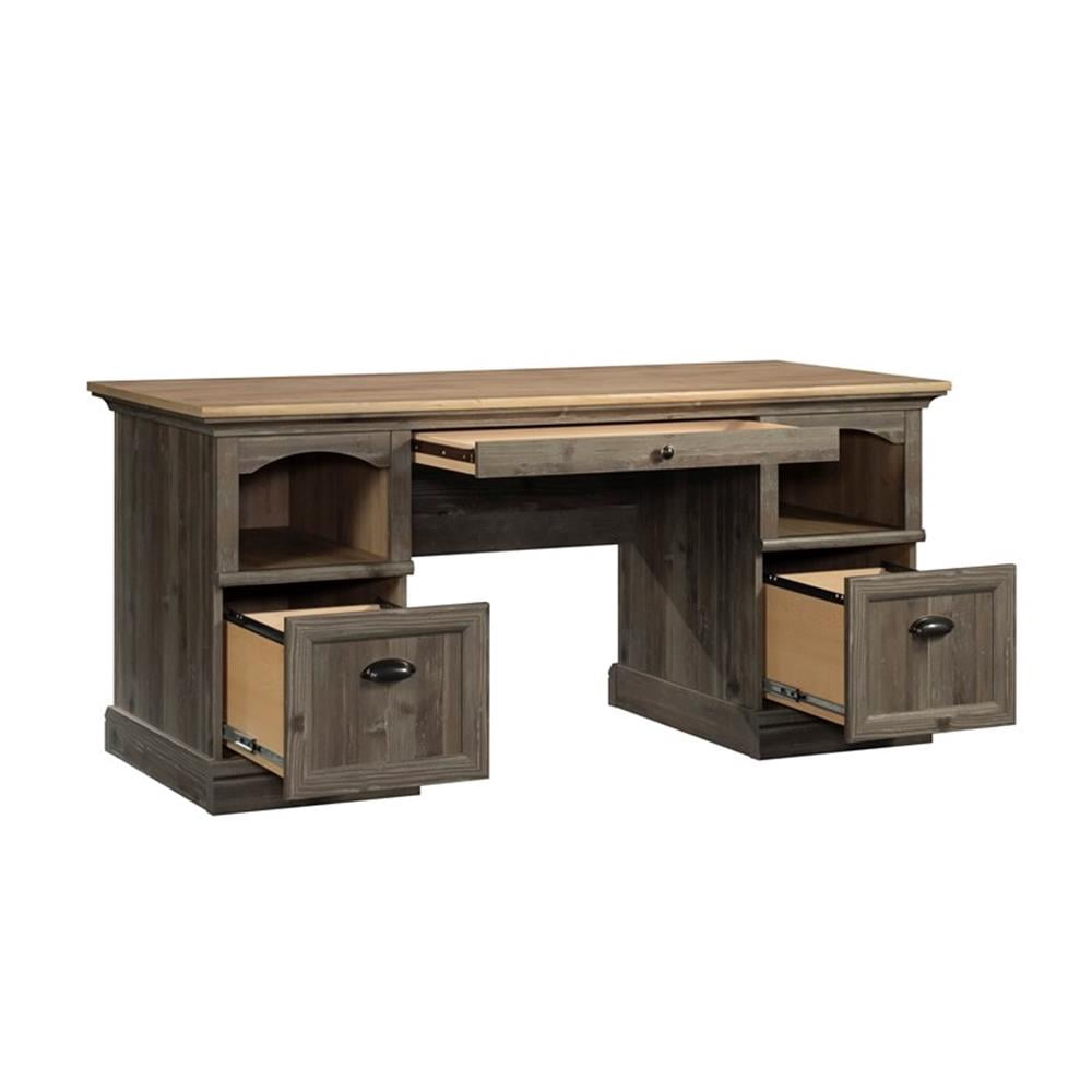 Pemberly Row Contemporary Engineered Wood Executive Desk in Pebble Pine