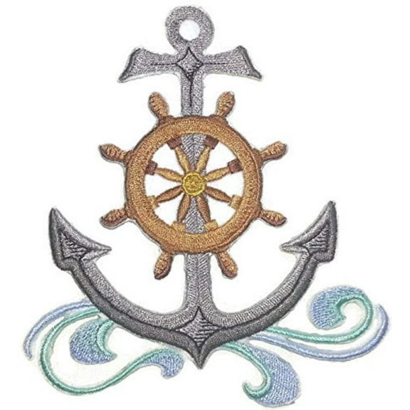 Anchor And Ship Wheel Embroidered Iron On/Sew patch [5" x 5.8"]