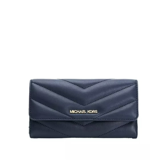 Michael Kors Jet Set Travel Large Trifold Wallet Quilted Stripe Dark Navy /Gold