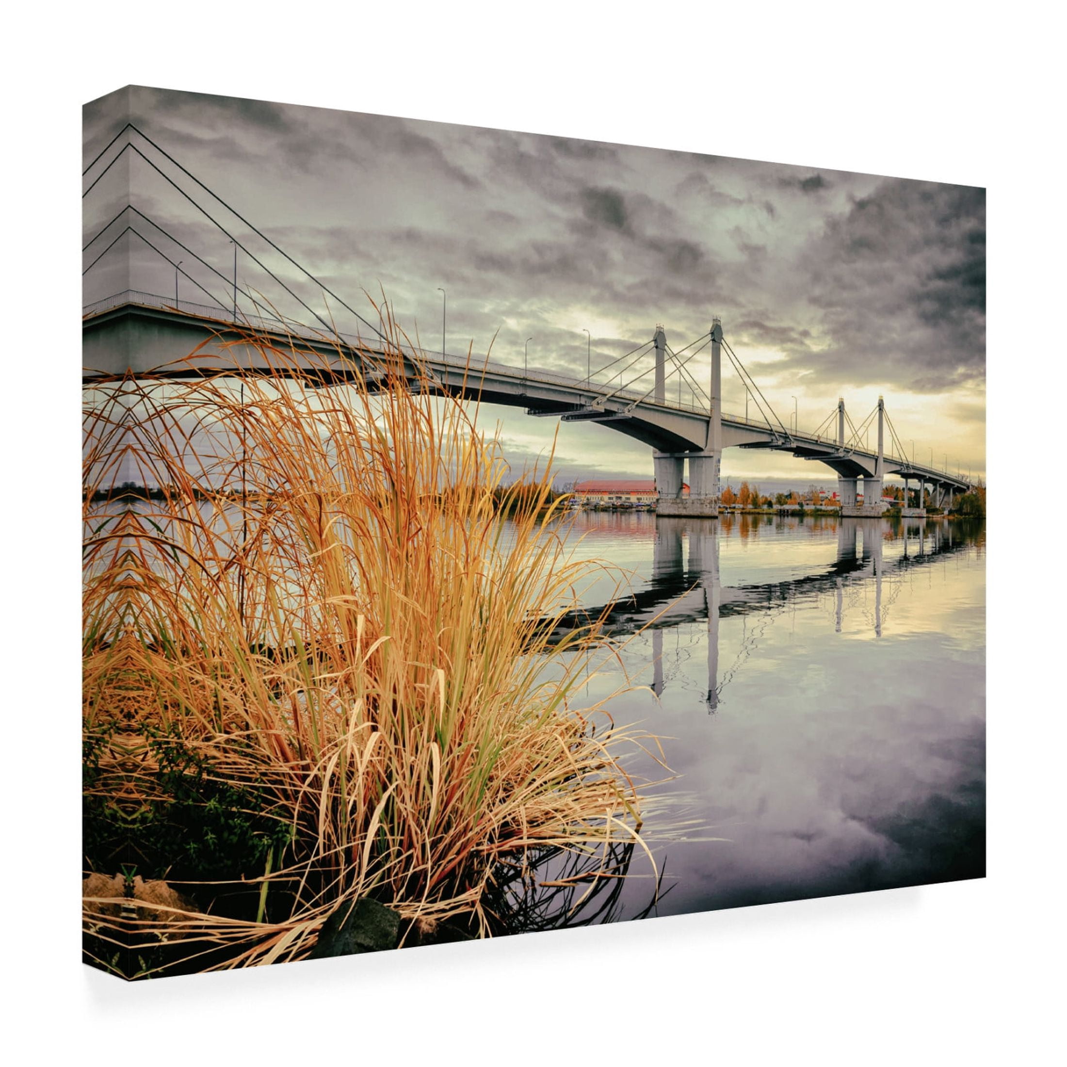 Canvas Wall Art - Yury A Melnikov 'A Large Bridge Over A River On A Cloudy Autumn Day' Wall Art for Living Room, Bedroom, or Office Décor by Trademark Fine Art - 24 x 18 Inches
