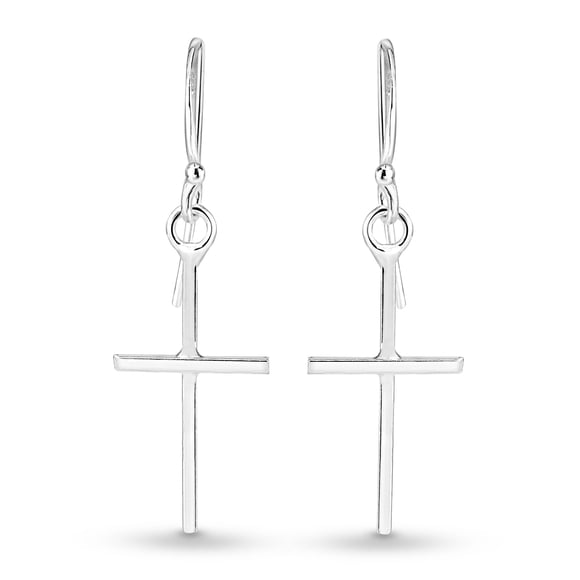 Aeravida Simple Skinny Cross .925 Sterling Silver Dangle Earrings | Classic Sterling Silver Dangle Earring | Earring for Women and Men | Cross Dangle Earrings | Religious Ornament | Speacial Day Gift