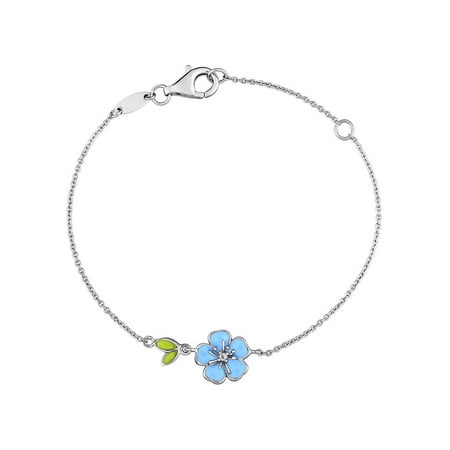 Cutie Pie White Topaz Accent Sterling Silver Children's Flower Bracelet with Blue and Green Enamel, 6" with 1" Extension