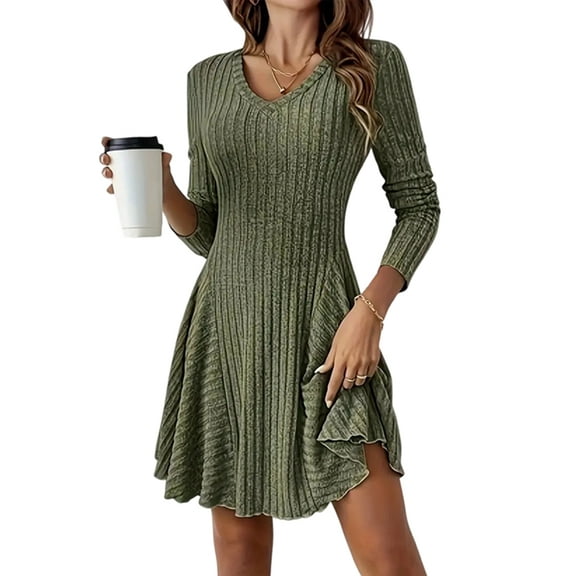 Long-Sleeved Sweater Dress, Autumn Dress, Round Neck, High Waist, Slim Dress, Women'S Casual Dress Army Green XXL
