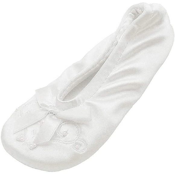 isotoner Girl's Satin Ballerina with Embroidered Pearl, White, XXsmall, Toddler 7/8