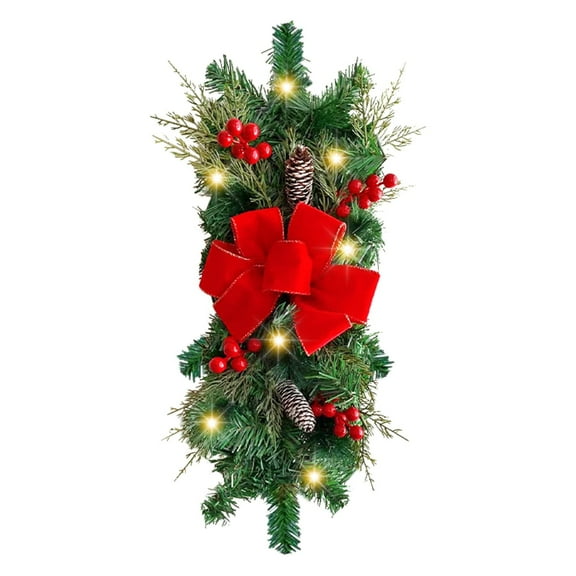 Tyeign Cordless Prelit Christmas Wreath with Led Timer & Pine Cones, Battery Operated Holiday Front Door Window Decor, Indoor Outdoor Xmas Garland with Red Berries & Velvet Bow, 1X Wreath